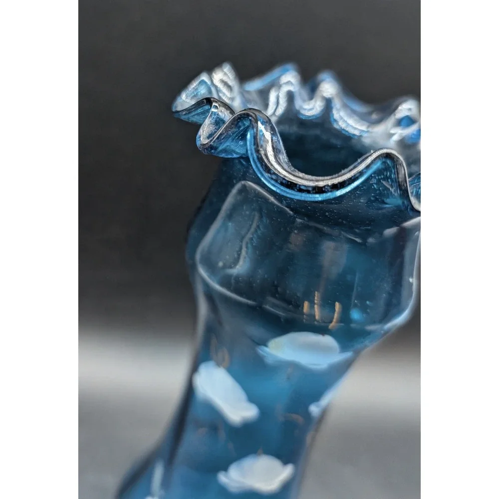 Vintage Blue Hand Blown Glass Ruffled Rim Vase Hand Painted Floral Gold Accents